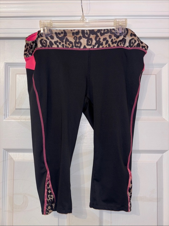 Hard Candy Pants - Women’s Black Capri Workout leggings with Pink Trim & Leopard Waistband